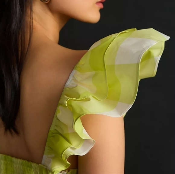 Maeve Square Neck Flutter Sleeve Mini Dress in Chartreuse Check Sz Lg Petite NWT - Picture 4 of 7